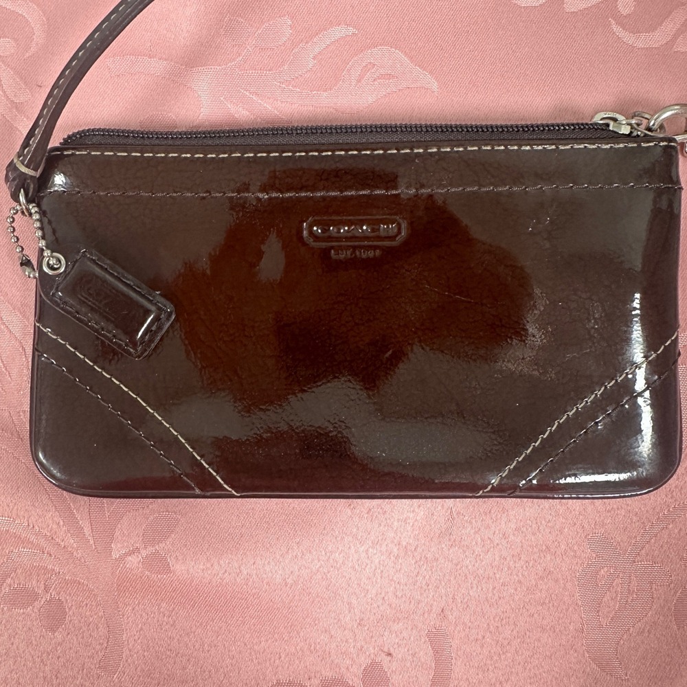 Coach Mahogany Brown Patent Leather Wristlet Small Clutch Bag